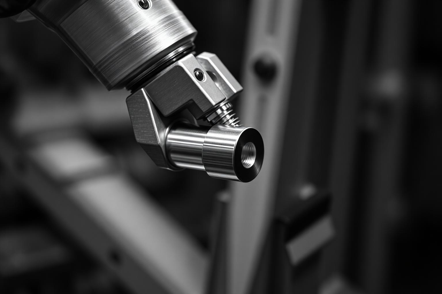 Macro view of a robotic gripper holding a precision metal part