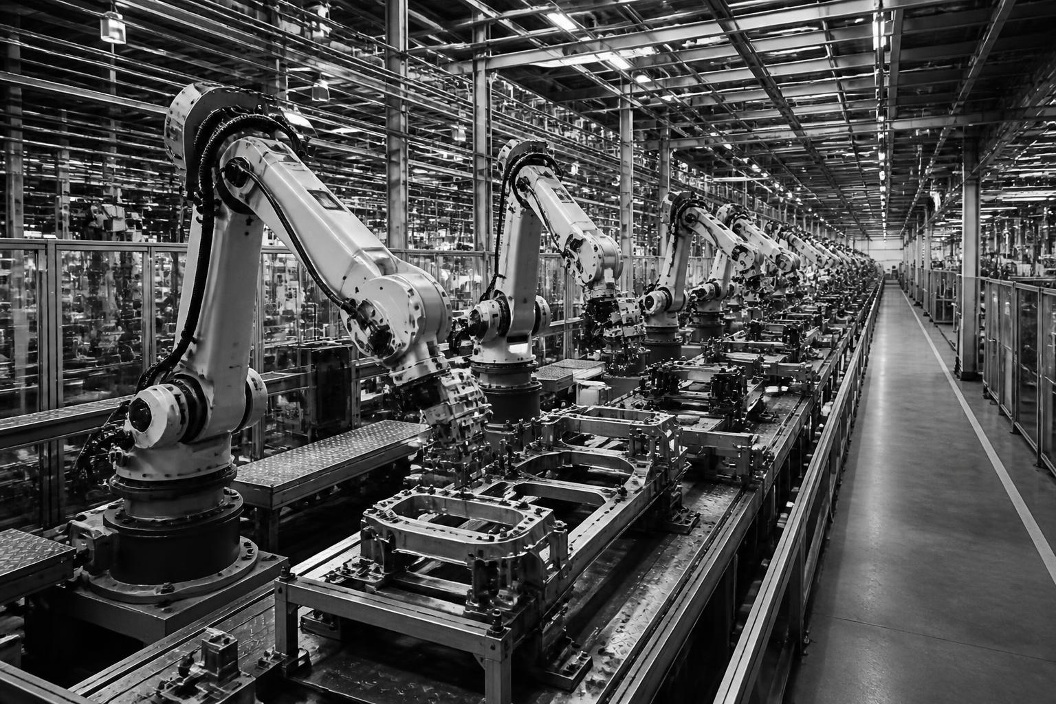 Industrial robot arms working along an assembly line